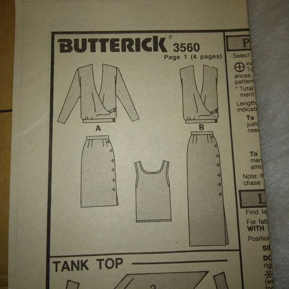 BUTTERICK 3560 sz 8-12 Misses tops and skirts in variations, vintage 1985